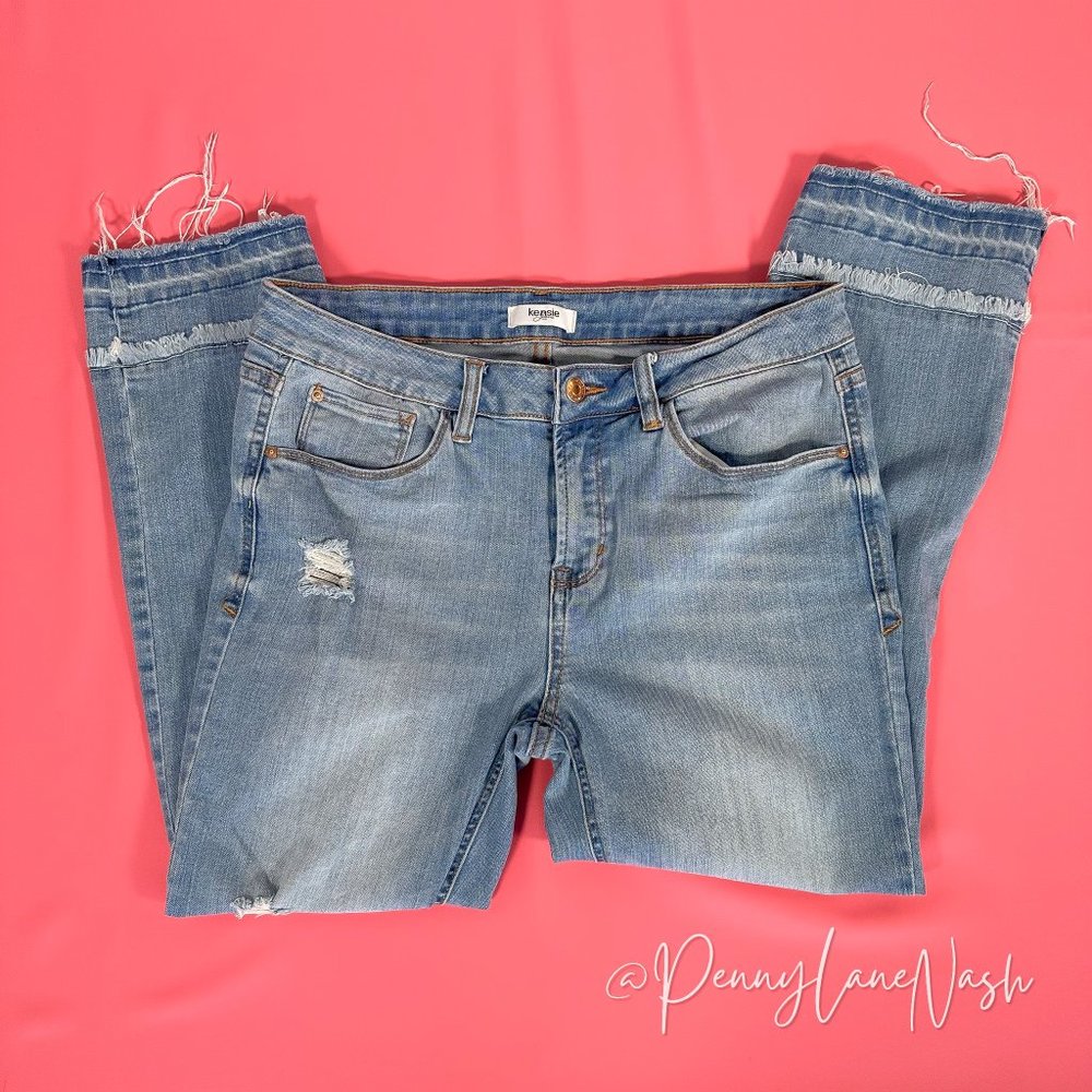 Kensie Vintage Slim Fringe Hem Cropped Jeans in Blue - Picture 4 of 9